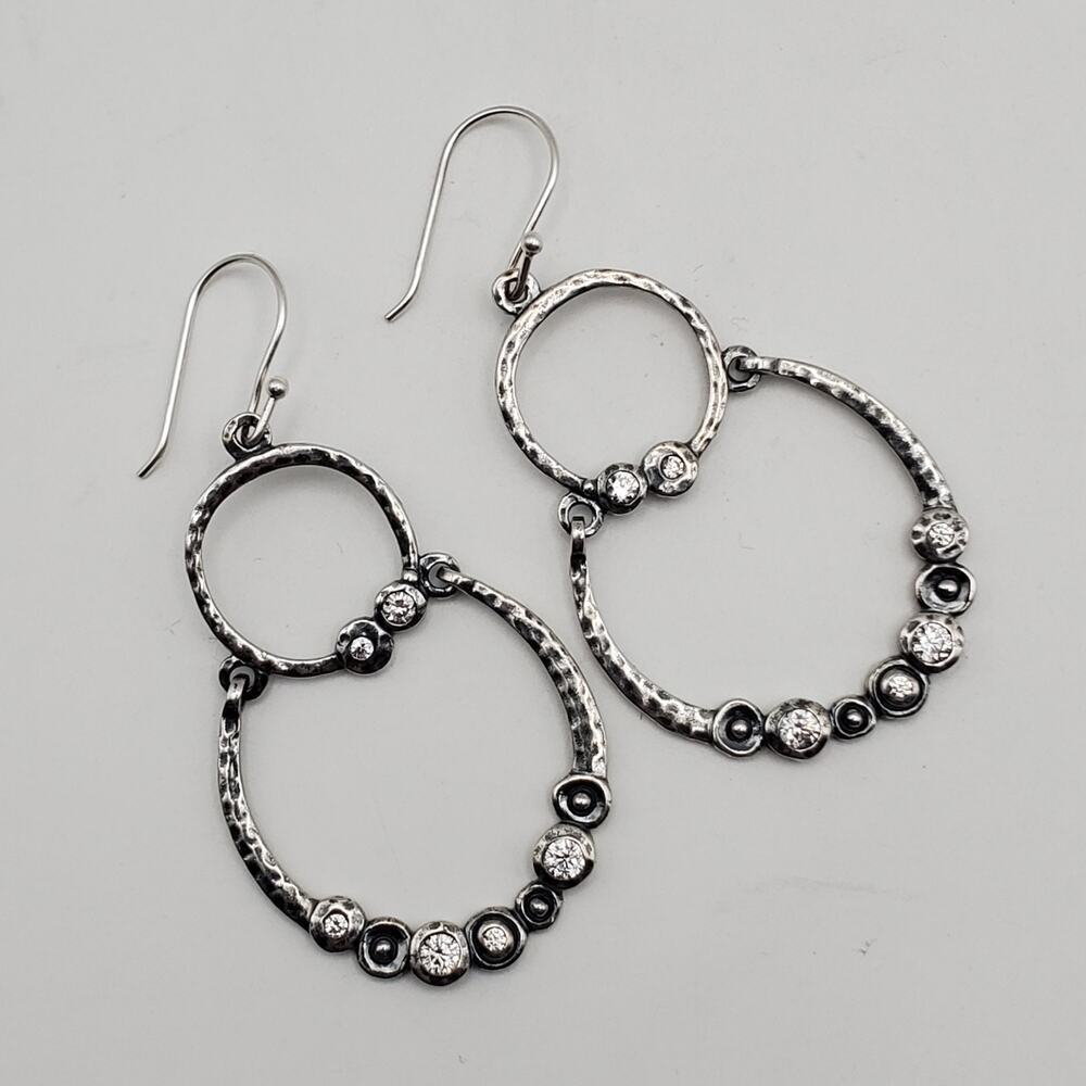 Grace and Heart Sterling Silver CZ Hammered Double Loop Dangle Earrings